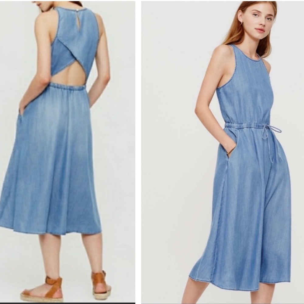 Lou & Grey chambray cutout midi dress cotton linen Lyocell pockets drawstring S